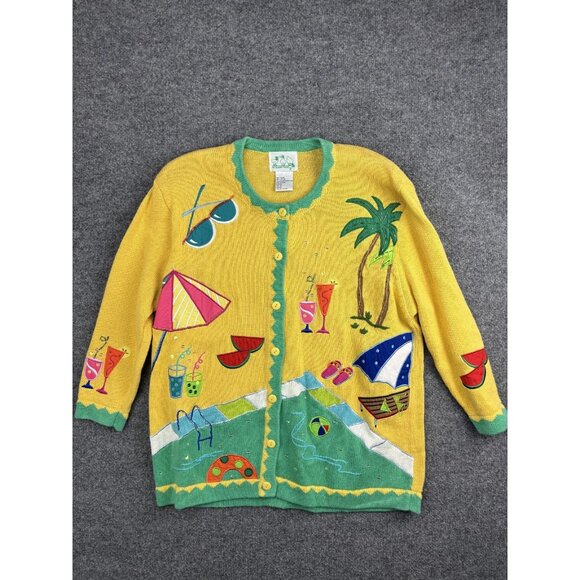 Quacker Factory Sweater Womens Large Yellow Green Summer Beach Pool Cardigan Fun - Picture 1 of 7